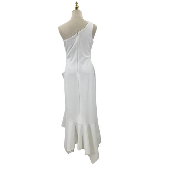 XSCAPE SZ 8 White One-Shoulder Neck Asymmetrical Hem Crepe Midi Dress NEW B27 - Picture 3 of 7